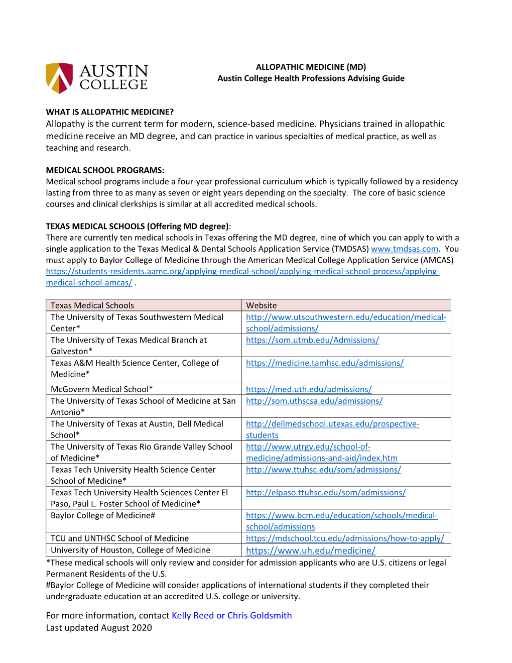 ALLOPATHIC MEDICINE (MD) Austin College Health Professions Advising Guide