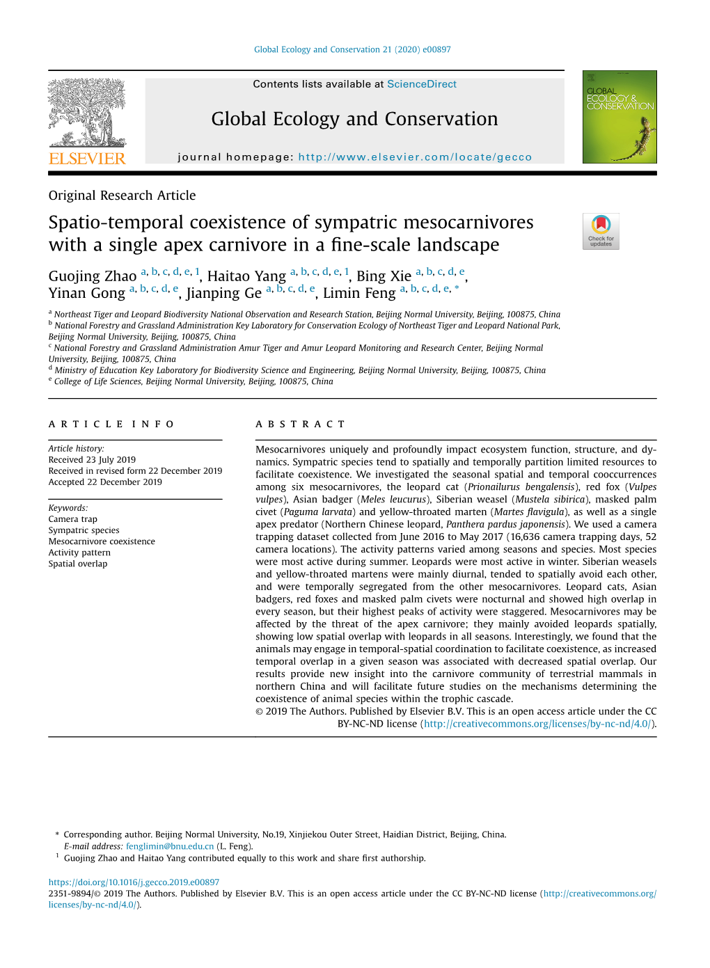 Spatio-Temporal Coexistence of Sympatric Mesocarnivores with a Single Apex Carnivore in a ﬁne-Scale Landscape