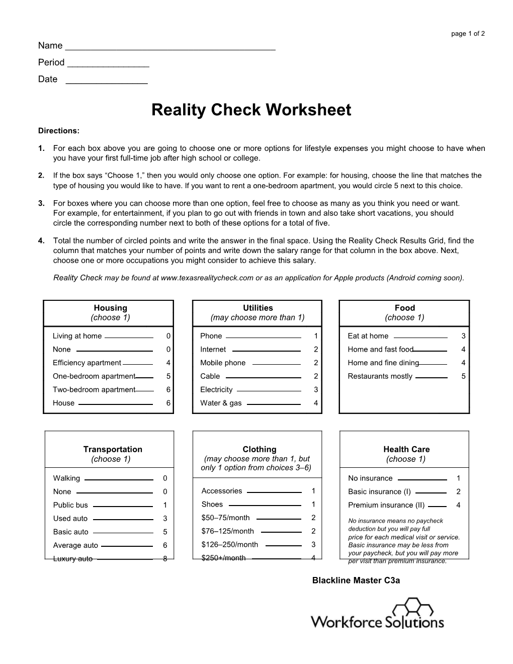 Reality Check Worksheet