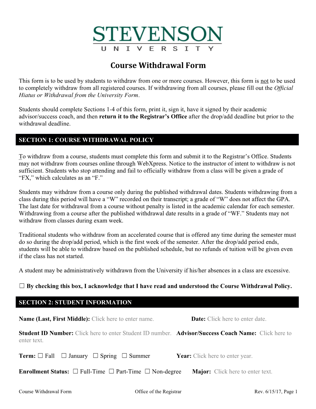 Course Withdrawal Form