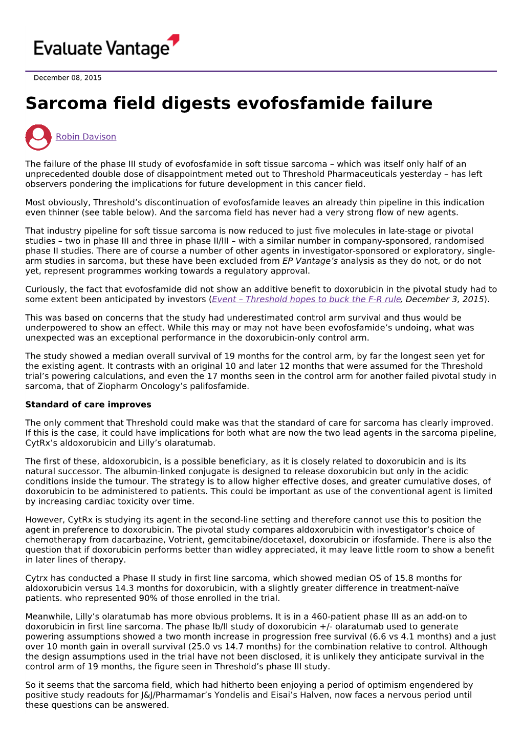 Sarcoma Field Digests Evofosfamide Failure