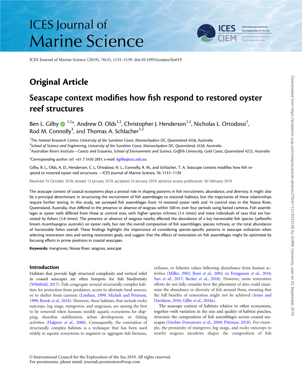 Original Article Seascape Context Modifies How Fish Respond to Restored Oyster Reef Structures