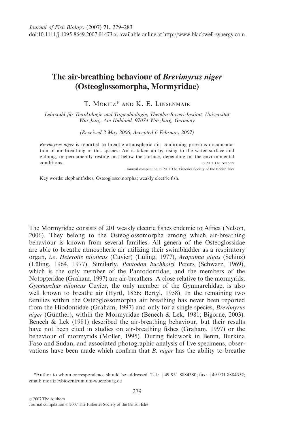 The Air-Breathing Behaviour of Brevimyrus Niger (Osteoglossomorpha, Mormyridae)