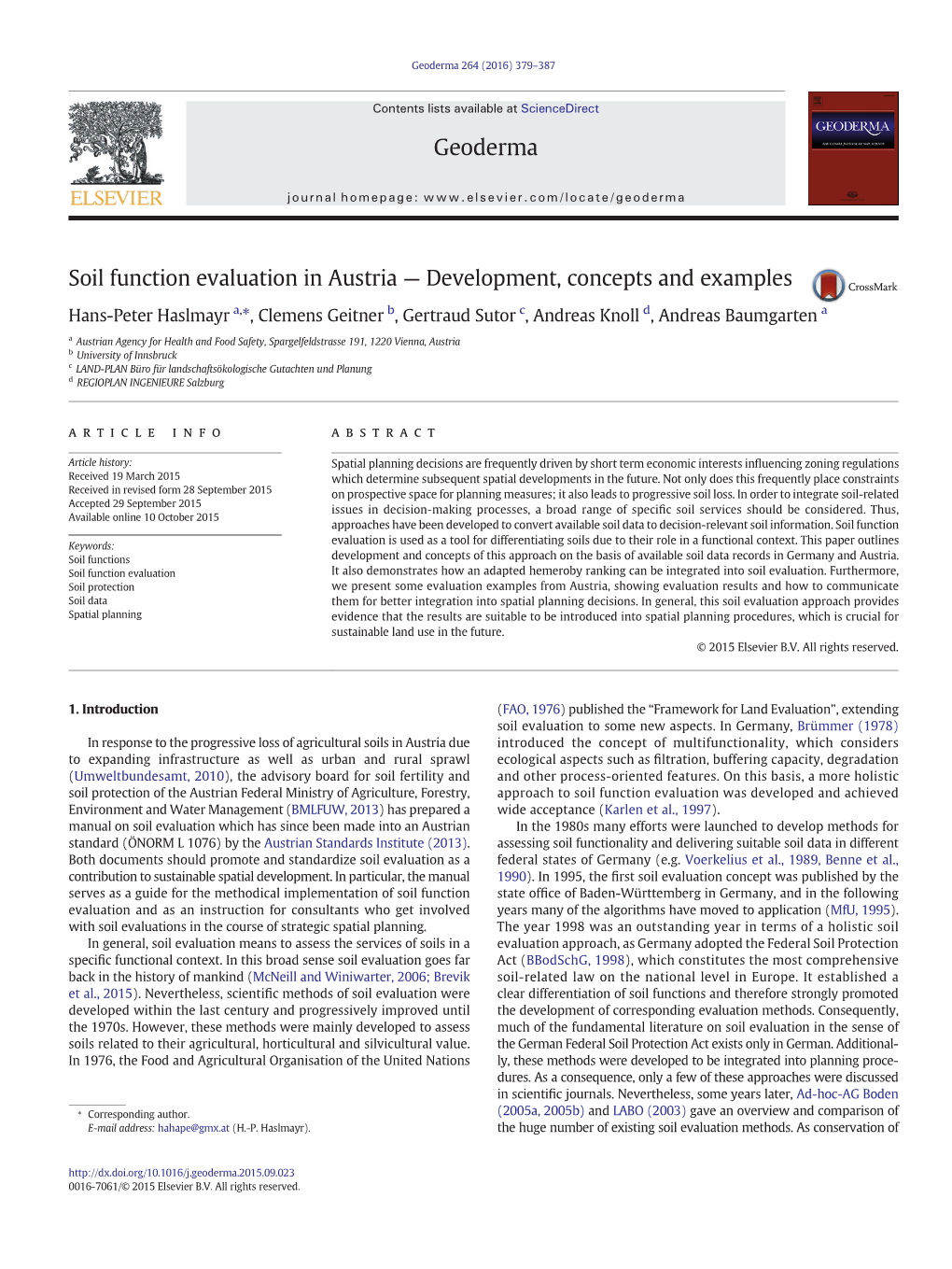 Soil Function Evaluation in Austria — Development, Concepts and Examples