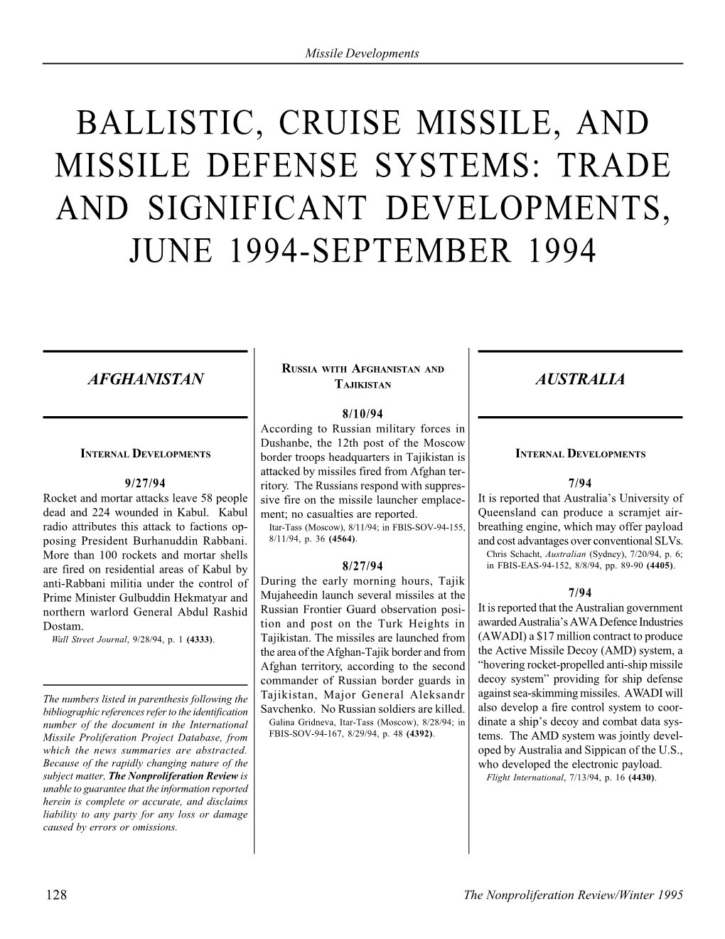 Ballistic, Cruise Missile, and Missile Defense Systems: Trade and Significant Developments, June 1994-September 1994