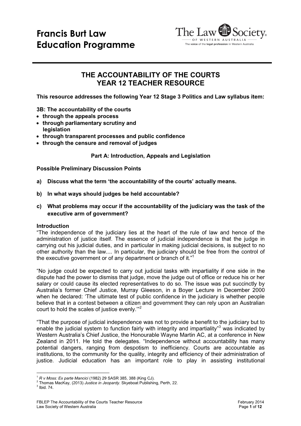 The Accountability of the Courts Year 12 Teacher Resource