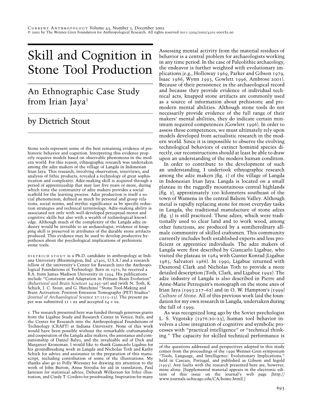 Skill and Cognition in Stone Tool Production F 695