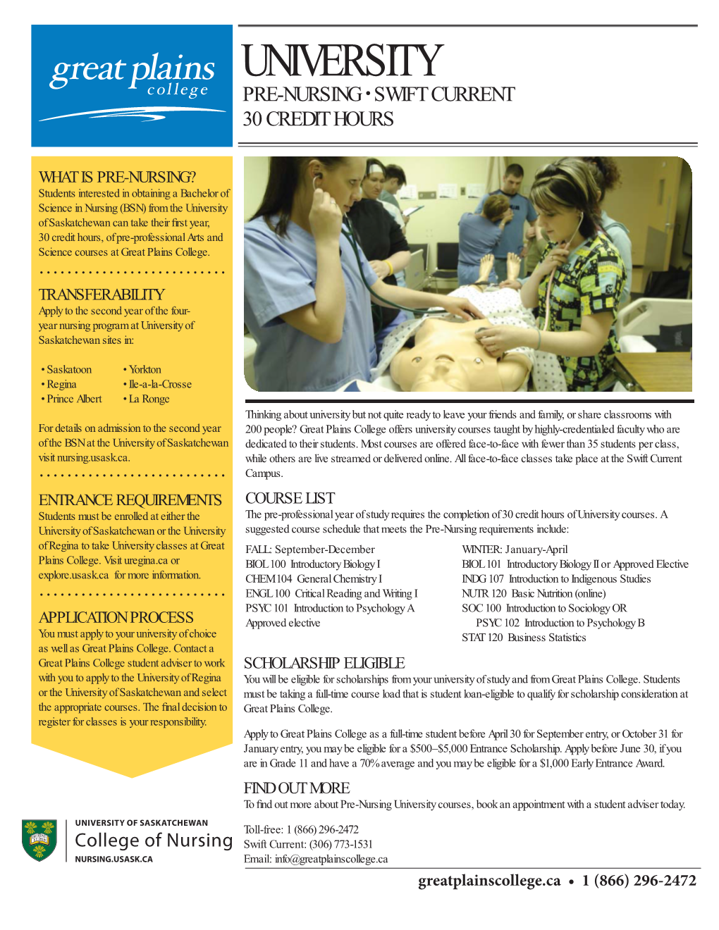 Pre-Nursing University of Saskatchewan Info Sheet.Indd