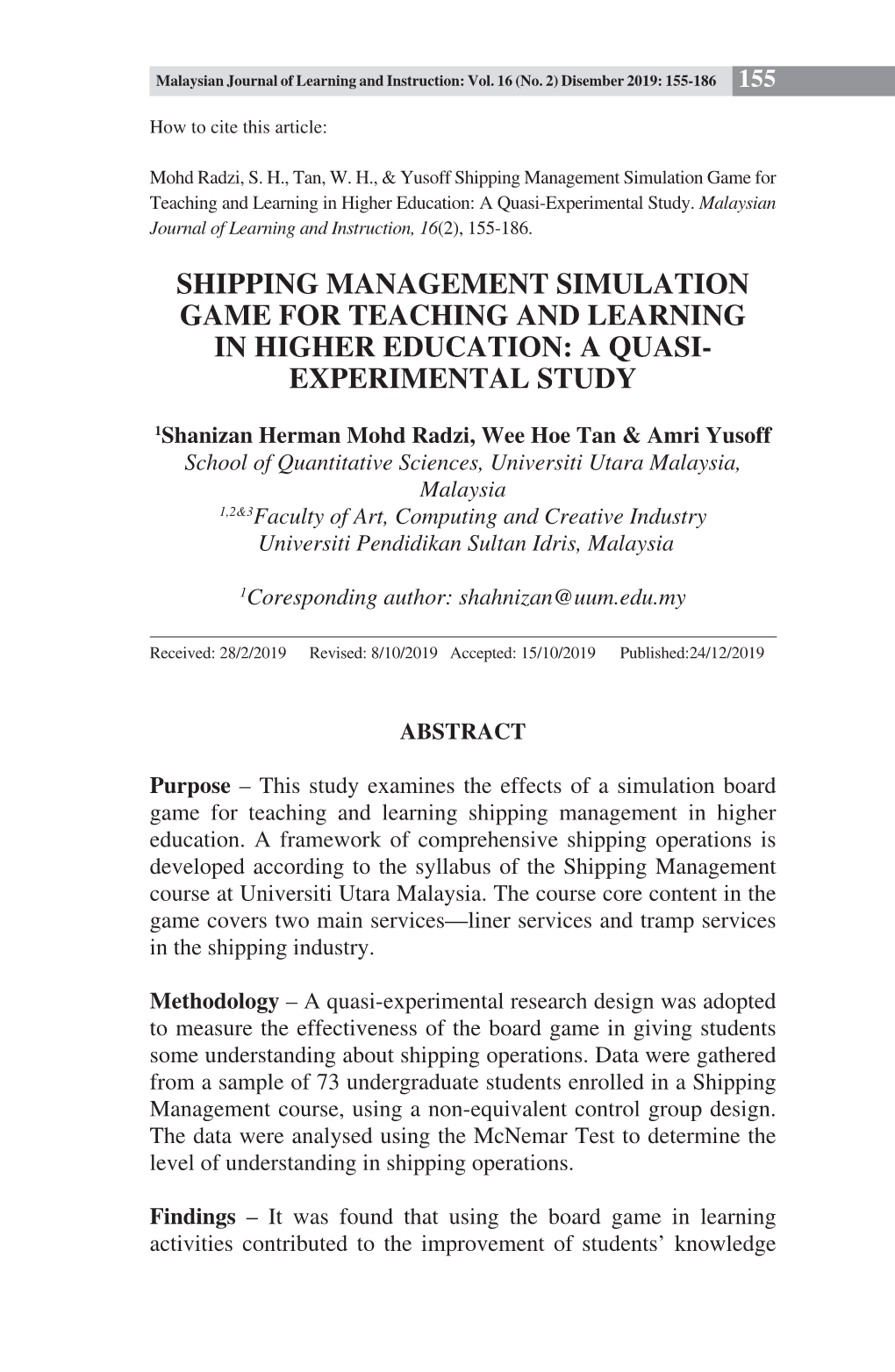 Shipping Management Simulation Game for Teaching and Learning in Higher Education: a Quasi-Experimental Study