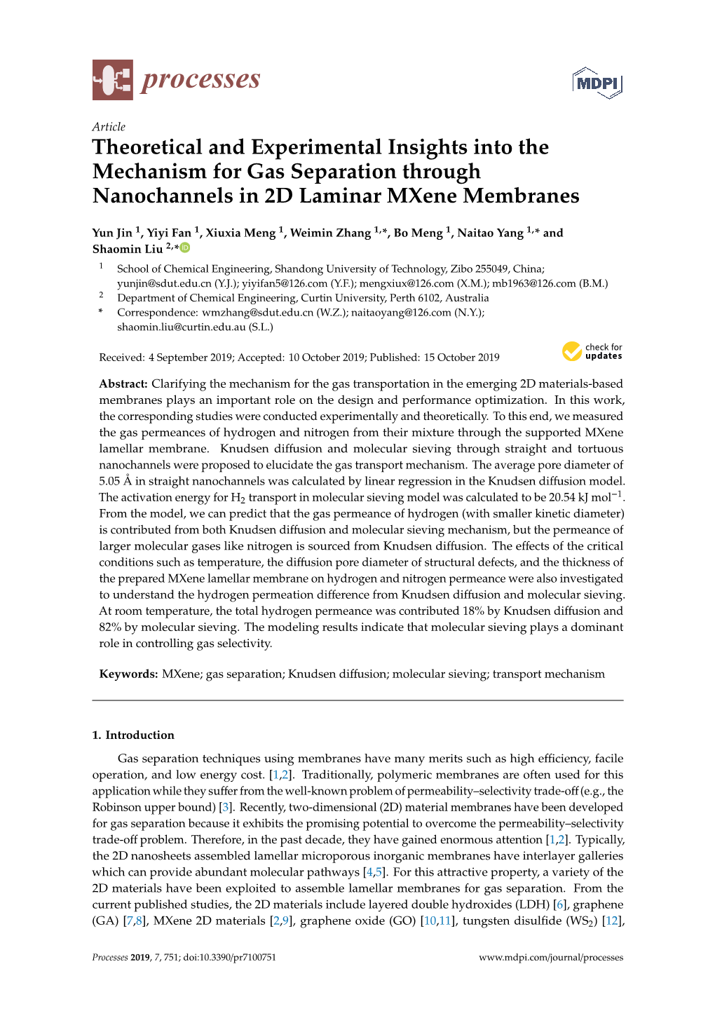 Theoretical and Experimental Insights Into the Mechanism for Gas Separation Through Nanochannels in 2D Laminar Mxene Membranes