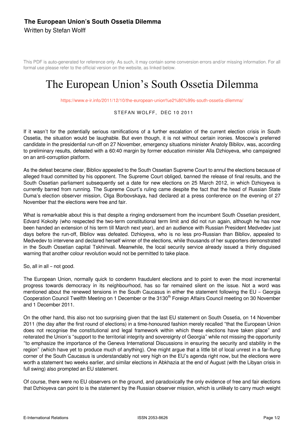 The European Union's South Ossetia Dilemma