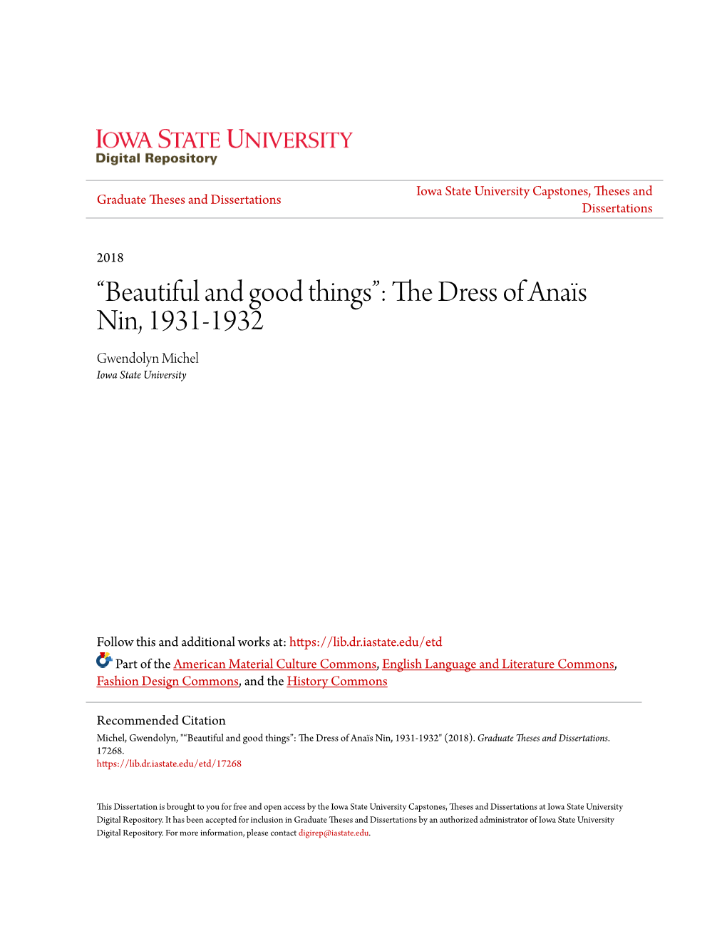 “Beautiful and Good Things”: the Dress of Anaïs Nin, 1931-1932 Gwendolyn Michel Iowa State University