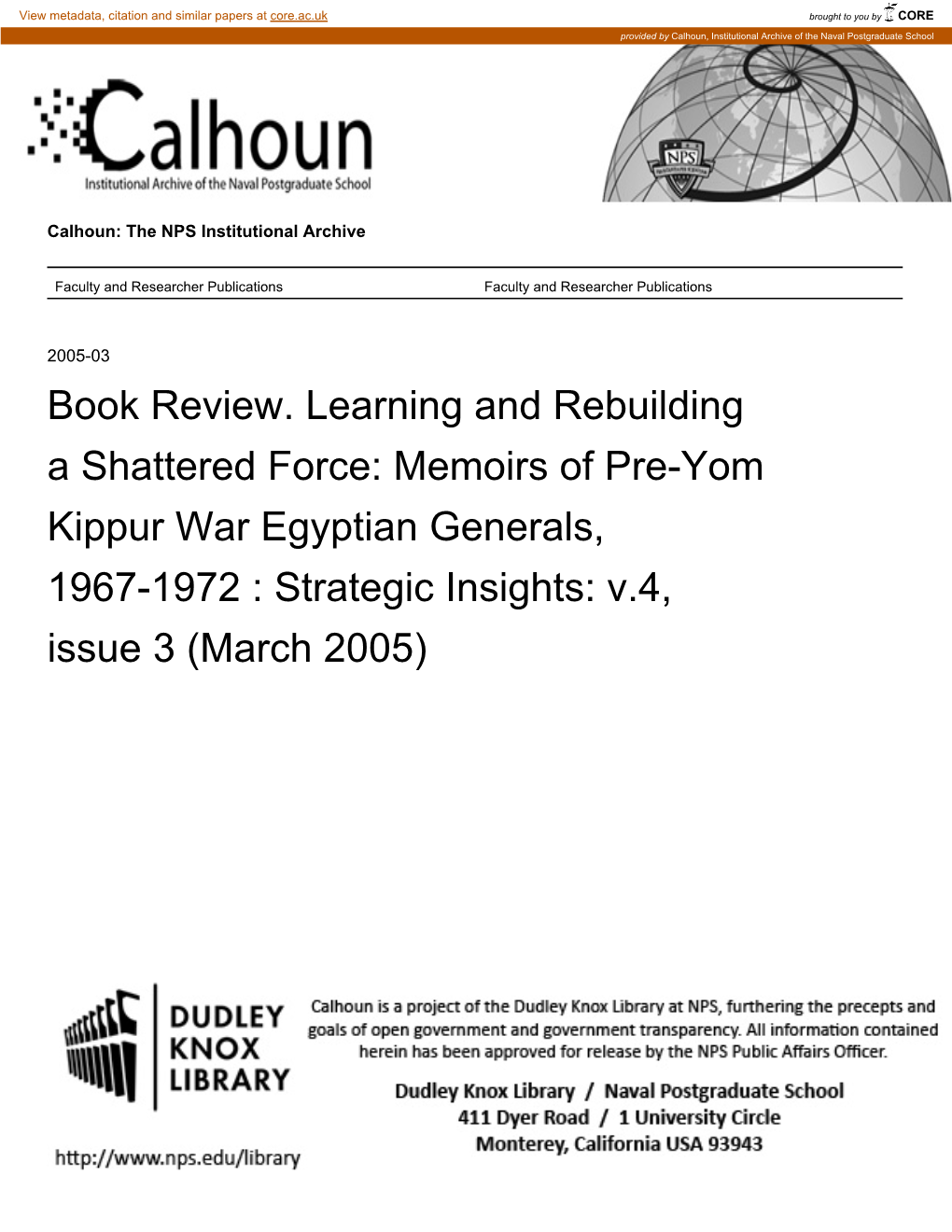 Memoirs of Pre-Yom Kippur War Egyptian Generals, 1967-1972 : Strategic Insights: V.4, Issue 3 (March 2005)