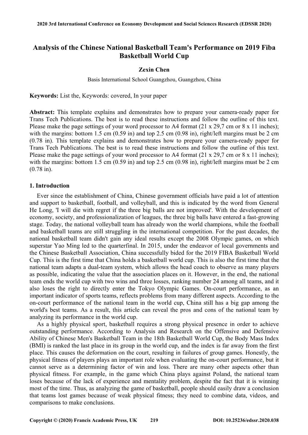 Analysis of the Chinese National Basketball Team's Performance on 2019 Fiba Basketball World Cup