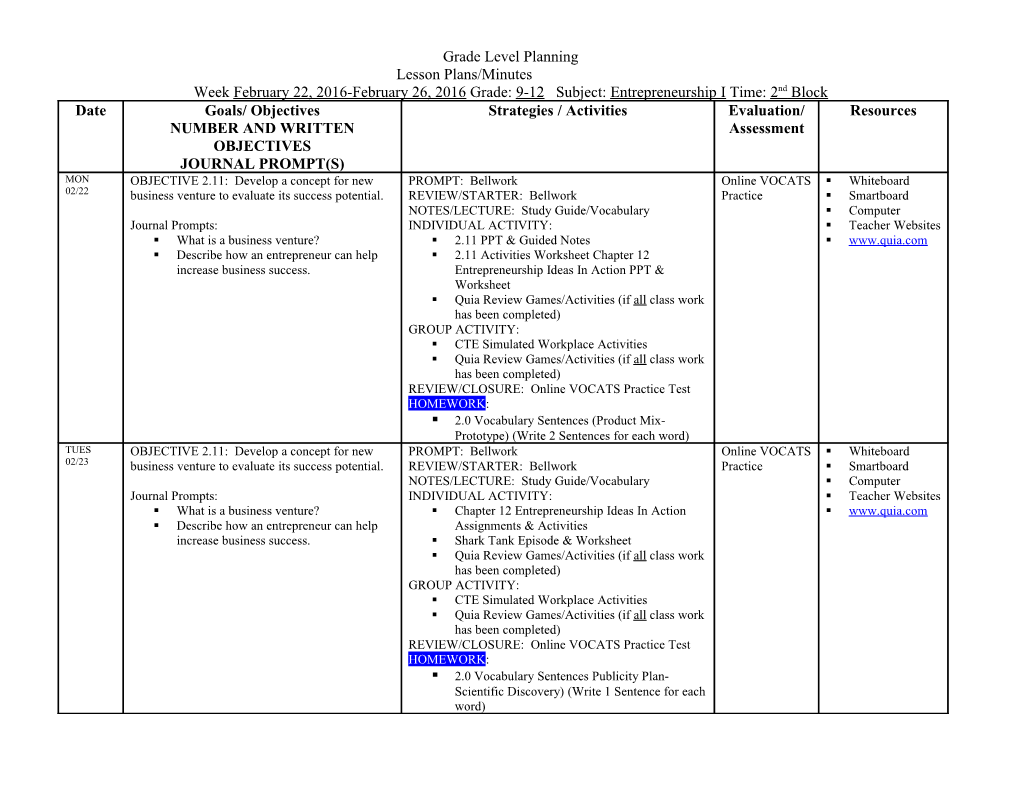 Grade Level Planning s2