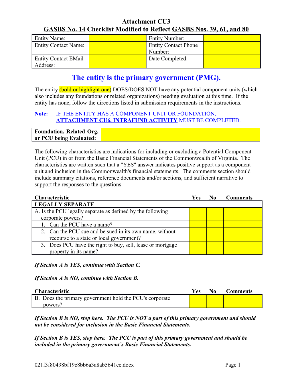 GASBS No. 14 Checklist Modified to Reflect GASBS Nos. 39, 61, and 80