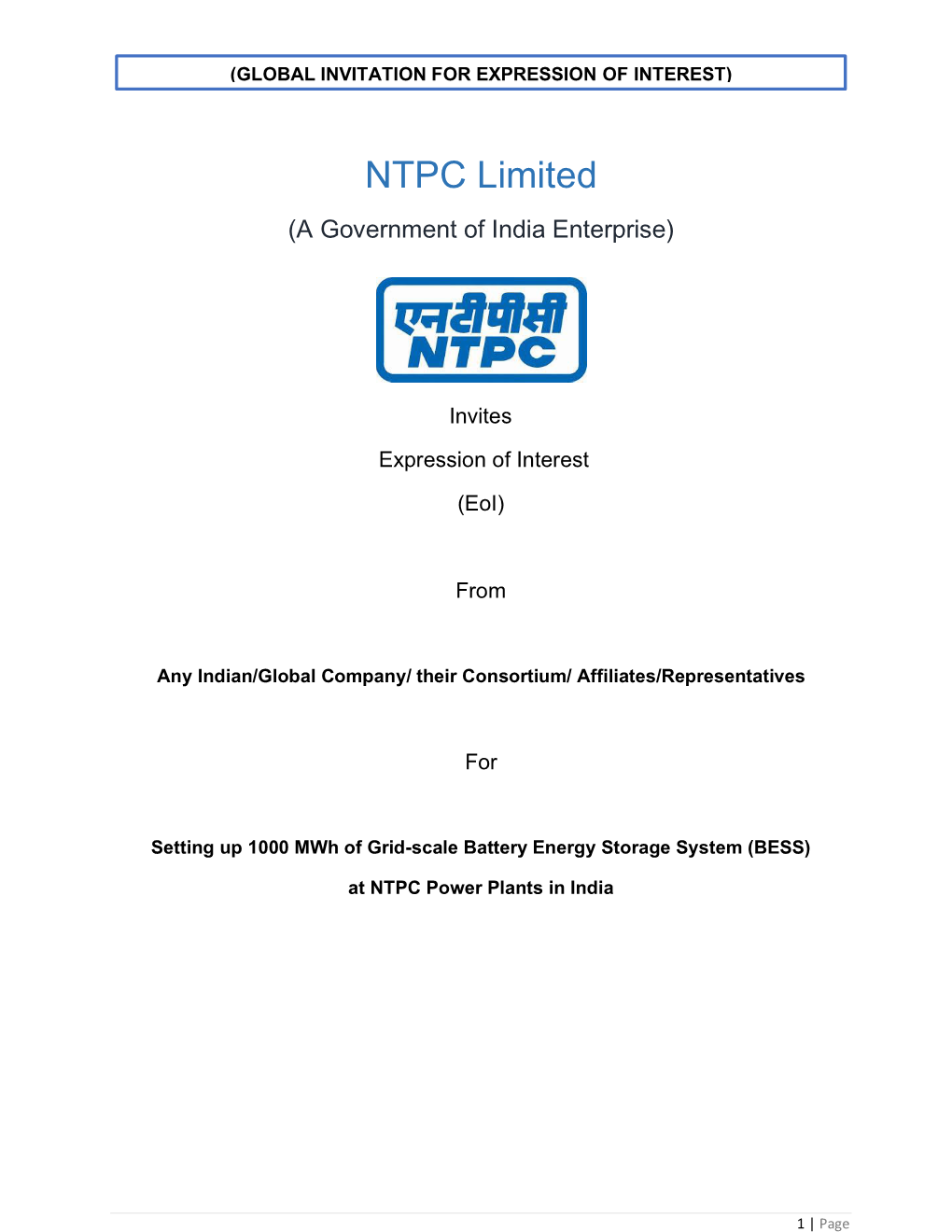 Eoi for 1000 Mwh of BESS at NTPC Power Plants