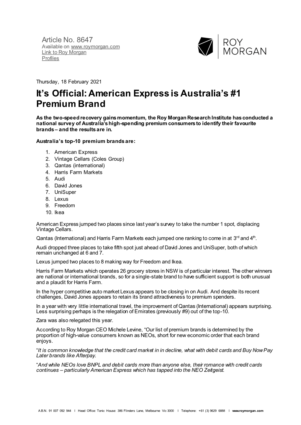American Express Is Australia's #1 Premium Brand