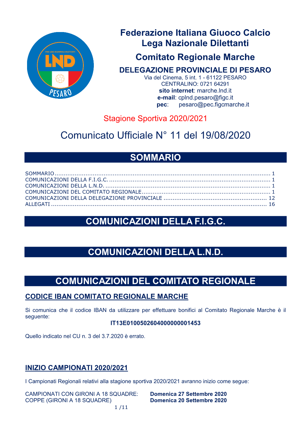 Comunicato Ufficiale N° 11 Del 19/08/2020