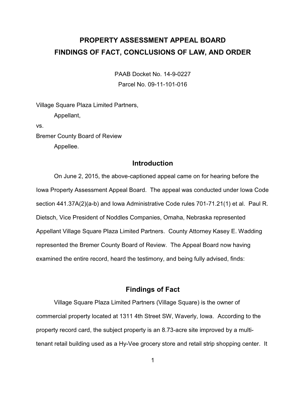 Property Assessment Appeal Board Findings of Fact, Conclusions of Law, and Order