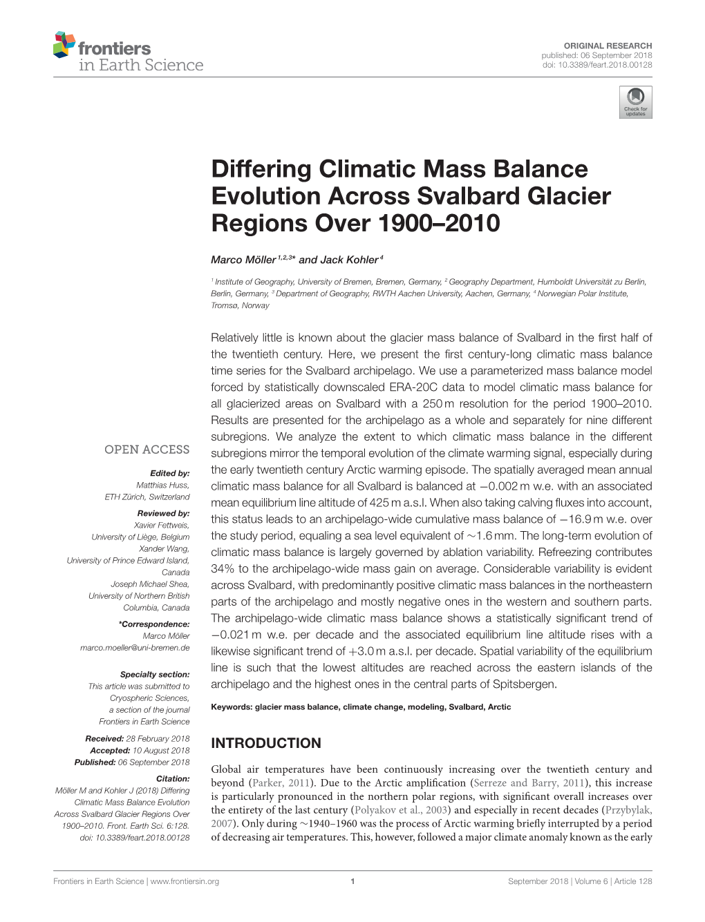 Differing Climatic Mass Balance Evolution Across Svalbard Glacier Regions Over 1900–2010