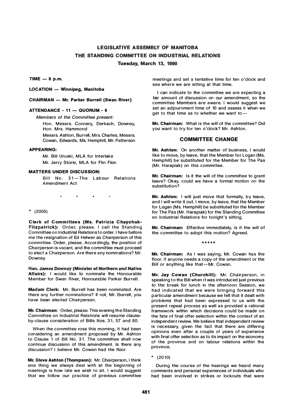 Legislative a Ssembly of Manitoba the Standing