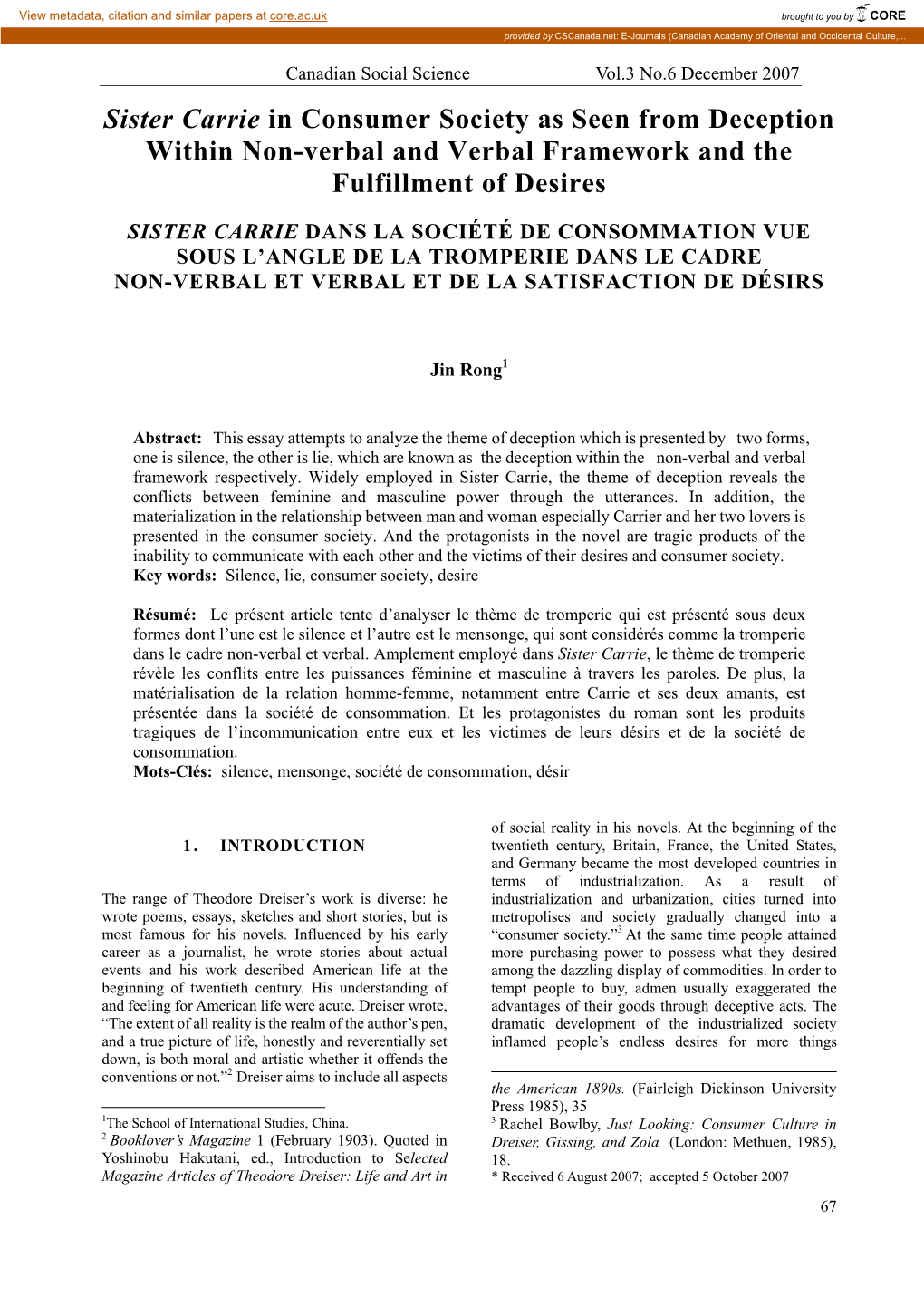 Sister Carrie in Consumer Society As Seen from Deception Within Non-Verbal and Verbal Framework and the Fulfillment of Desires