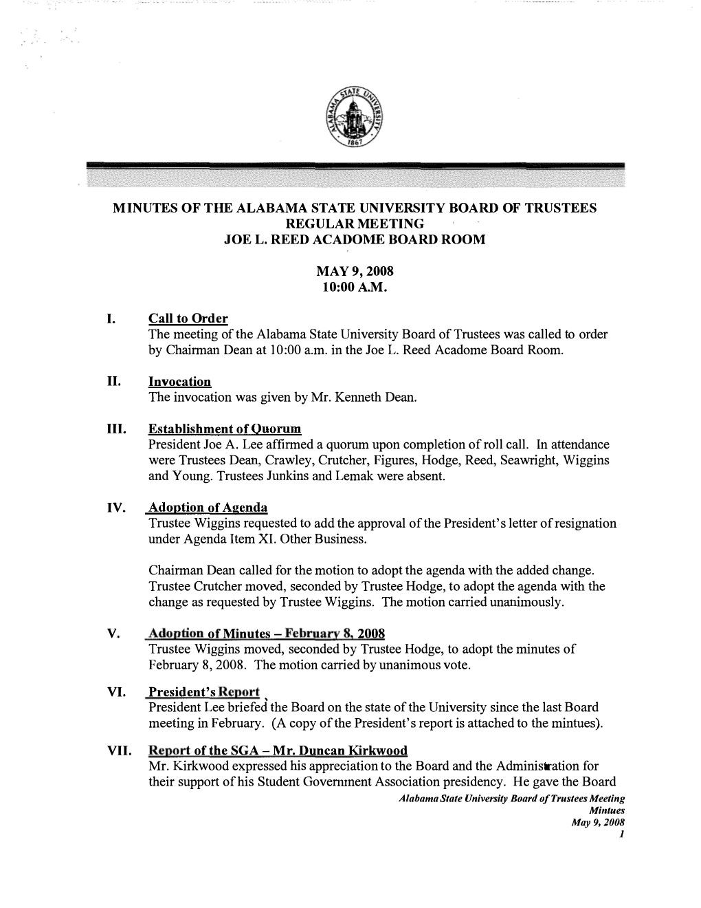 Minutes of the Alabama State University Board Of