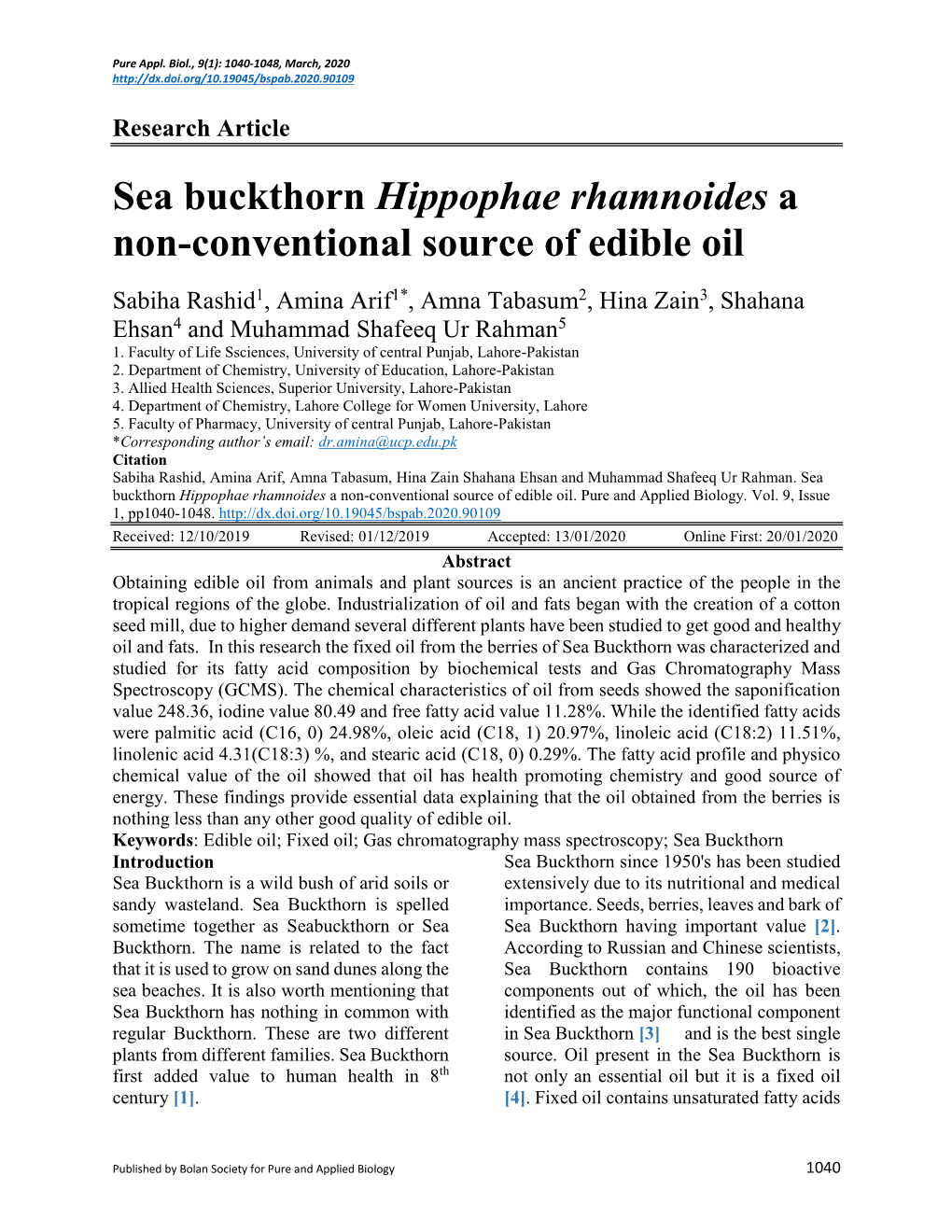 Sea Buckthorn Hippophae Rhamnoides a Non-Conventional Source of Edible Oil