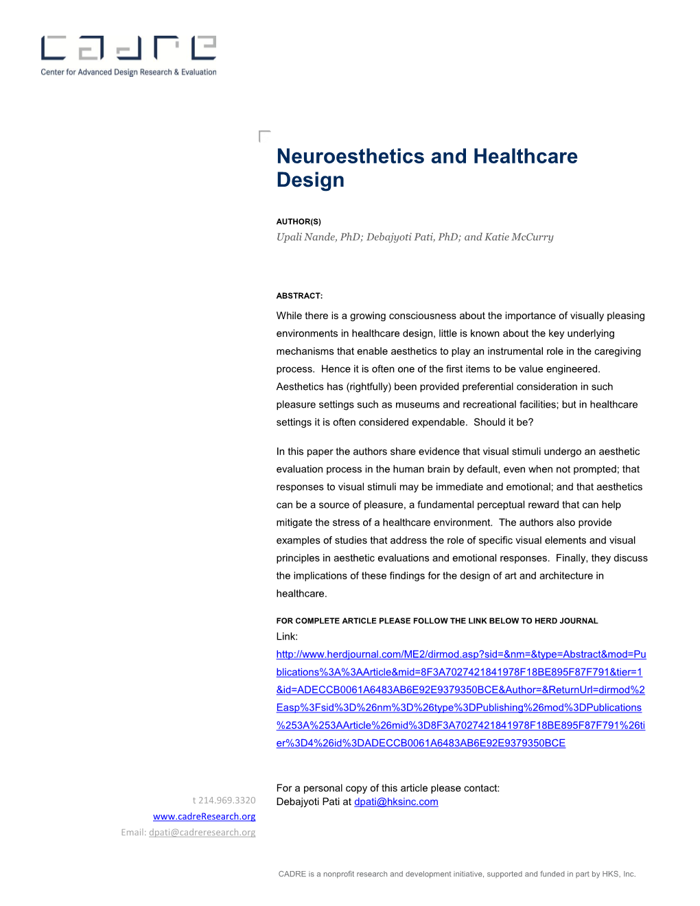 Neuroesthetics and Healthcare Design