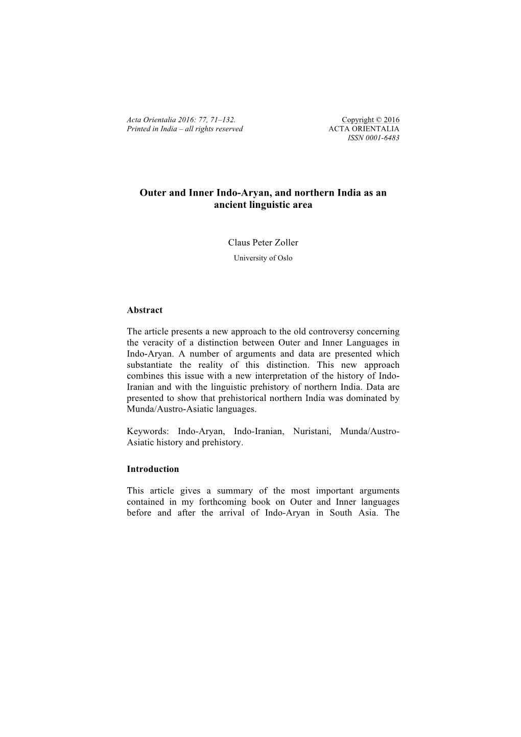 Outer and Inner Indo-Aryan, and Northern India As an Ancient Linguistic Area