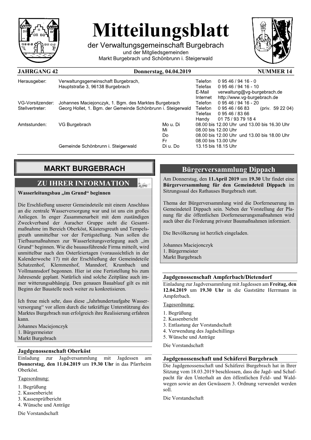 Mitteilungsblatt Der Verwaltungsgemeinschaft Burgebrach Und Der Mitgliedsgemeinden Markt Burgebrach Und Schönbrunn I