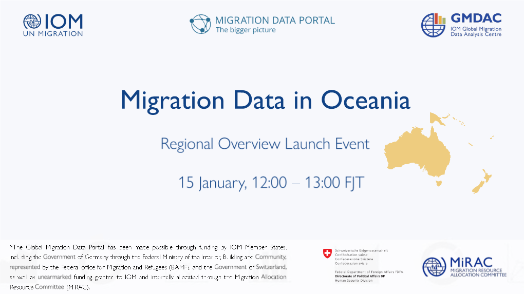 Migration Data in Oceania Opening Remarks Global Migration Data Portal* • Challenge: Migration Data Are Scattered Between Various Institutions and Countries