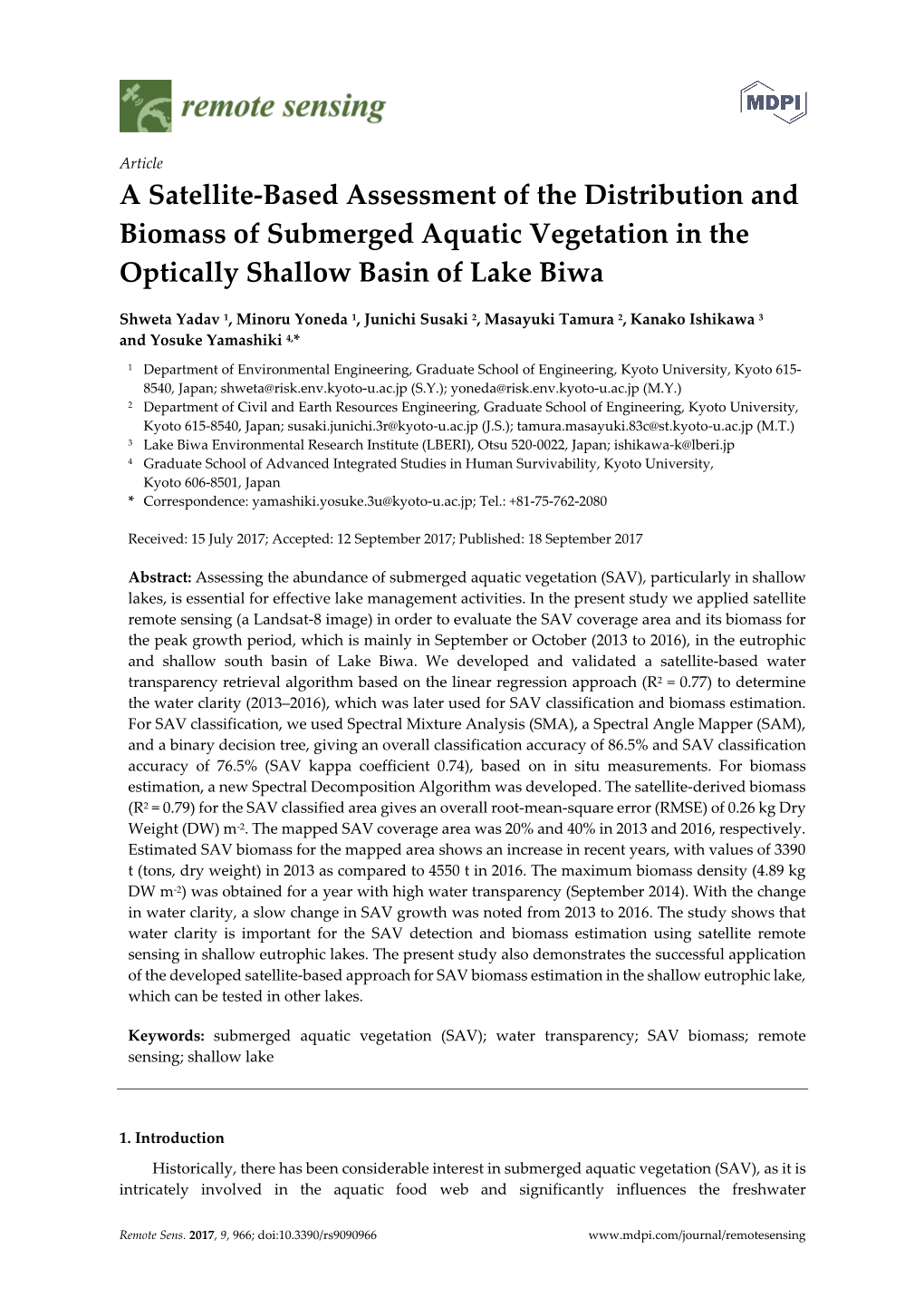 A Satellite-Based Assessment of the Distribution and Biomass of Submerged Aquatic Vegetation in the Optically Shallow Basin of Lake Biwa