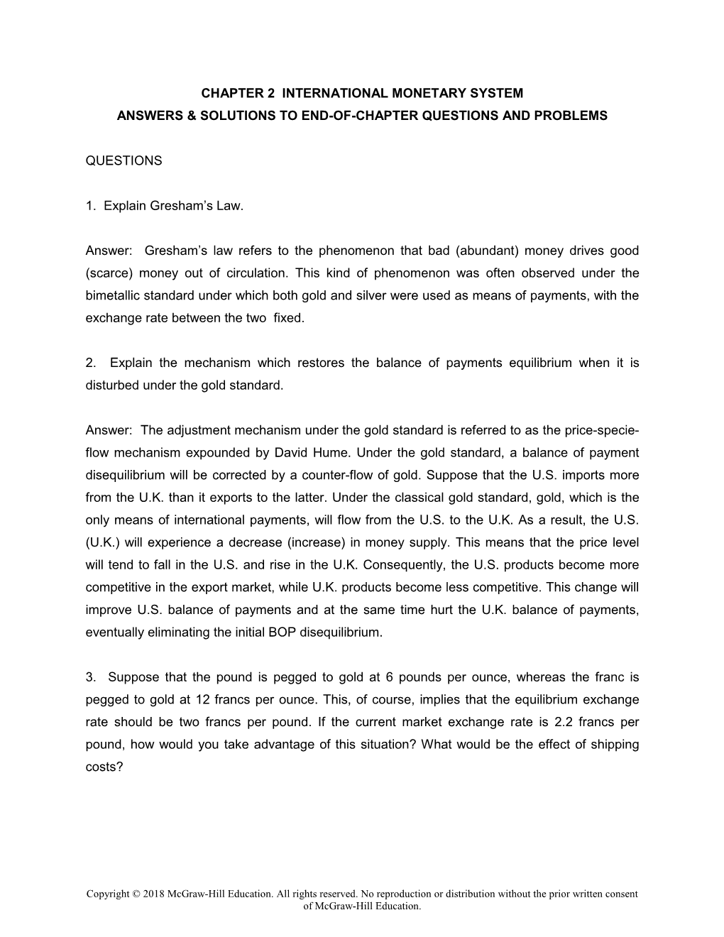 Chapter 2 International Monetary System Answers & Solutions to End-Of-Chapter Questions and Problems