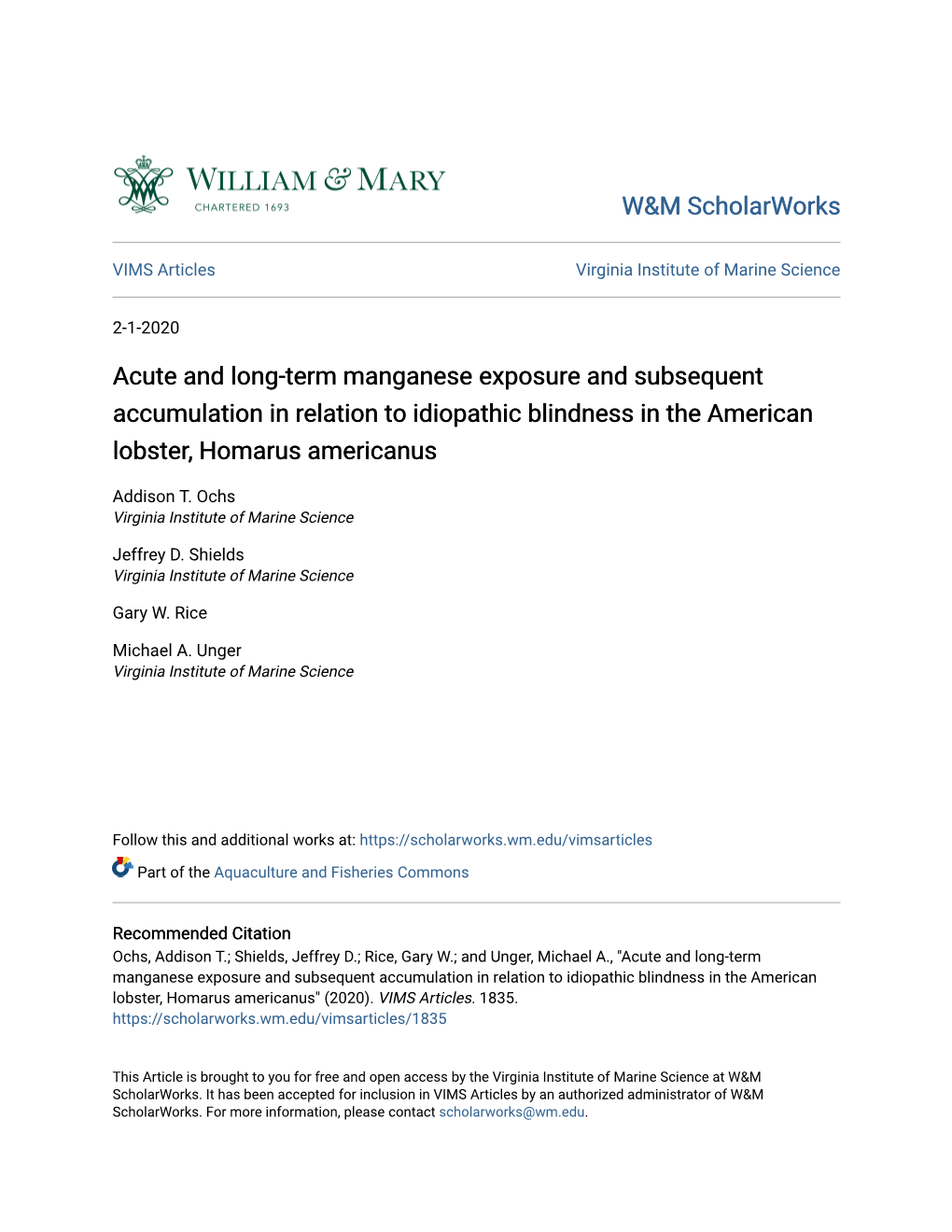 Acute and Long-Term Manganese Exposure and Subsequent Accumulation in Relation to Idiopathic Blindness in the American Lobster, Homarus Americanus