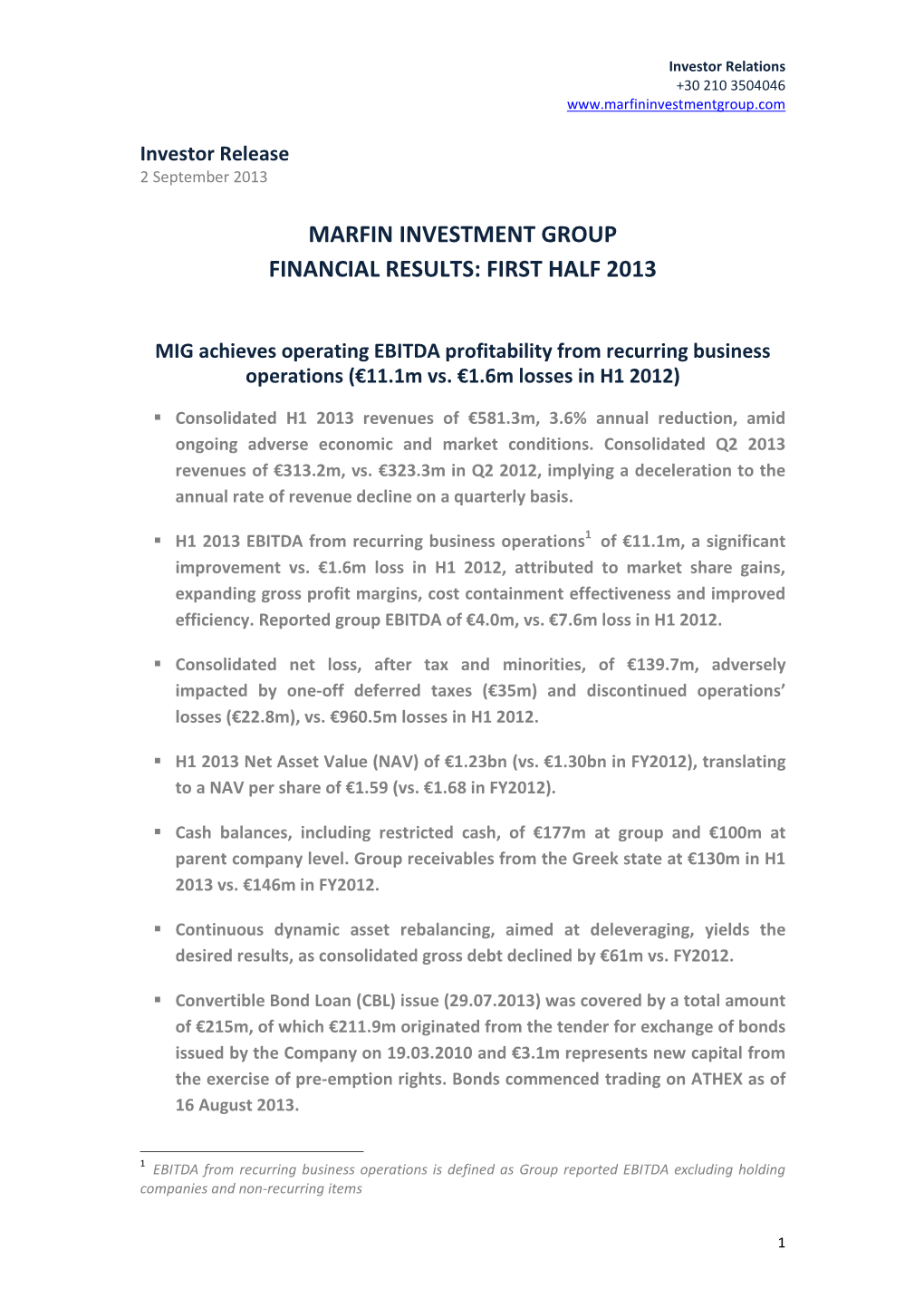 Marfin Investment Group Financial Results: First Half 2013