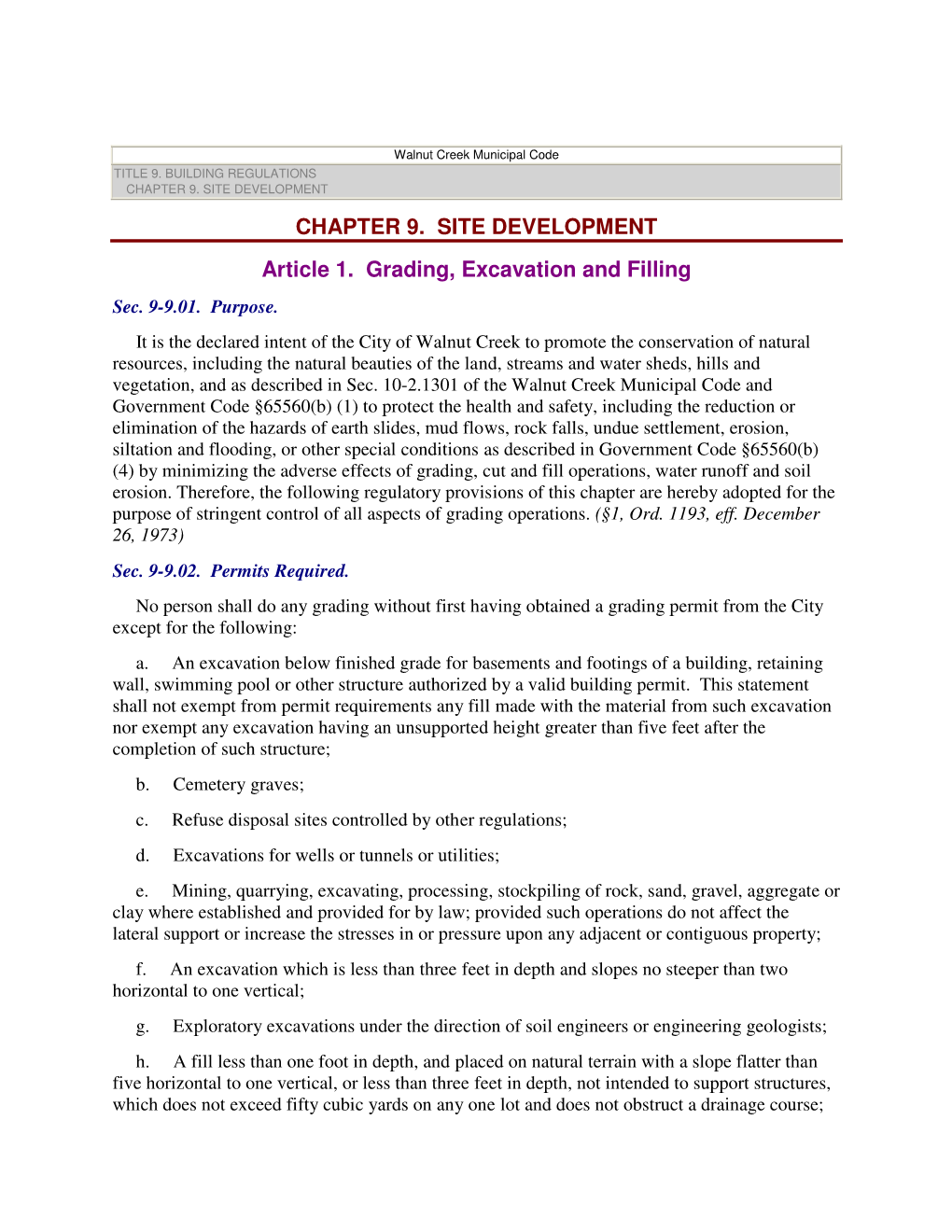 CHAPTER 9. SITE DEVELOPMENT Article 1. Grading, Excavation and Filling Sec