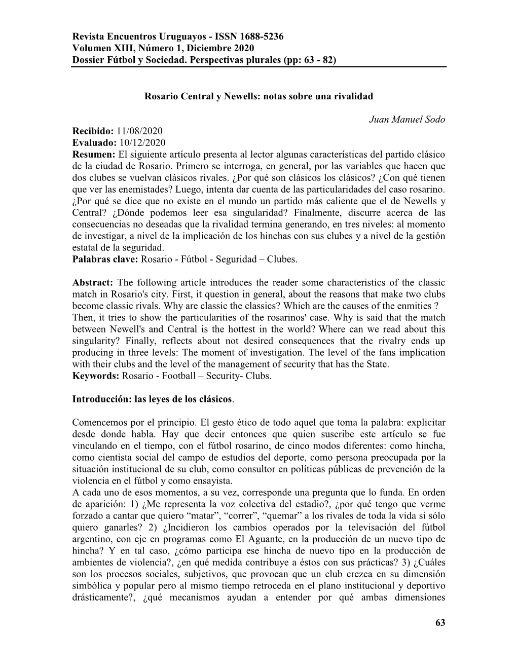 ISSN 1688-5236 Volumen XIII, Número 1, Diciembre 2020 Dossier Fútbol Y Sociedad. Perspectivas Plurales (Pp: 63 - 82)