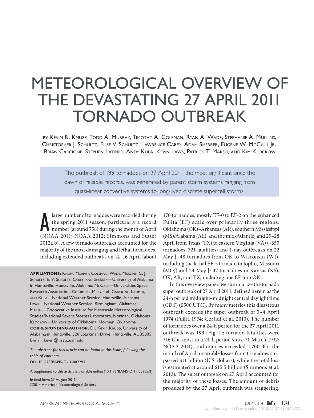 Meteorological Overview of the Devastating 27 April 2011 Tornado Outbreak