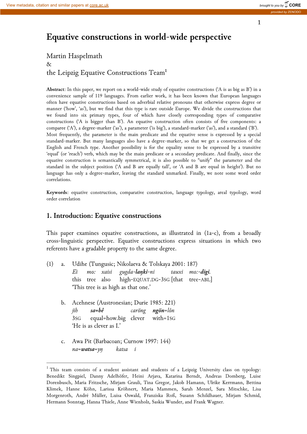 Equative Constructions in World-Wide Perspective