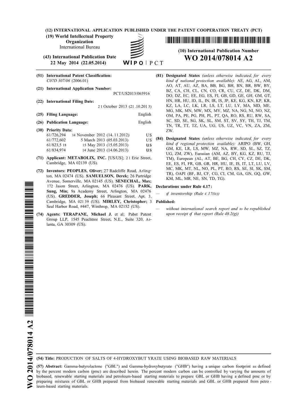 WO 2014/078014 A2 22 May 2014 (22.05.2014) P O P C T