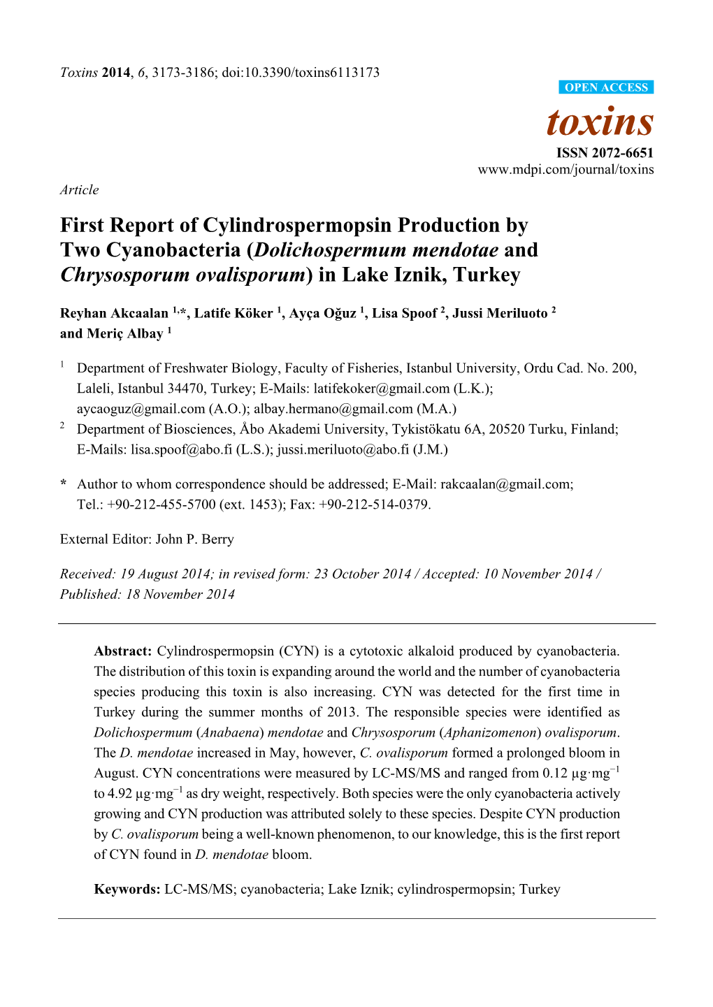 First Report of Cylindrospermopsin Production by Two Cyanobacteria (Dolichospermum Mendotae and Chrysosporum Ovalisporum) in Lake Iznik, Turkey