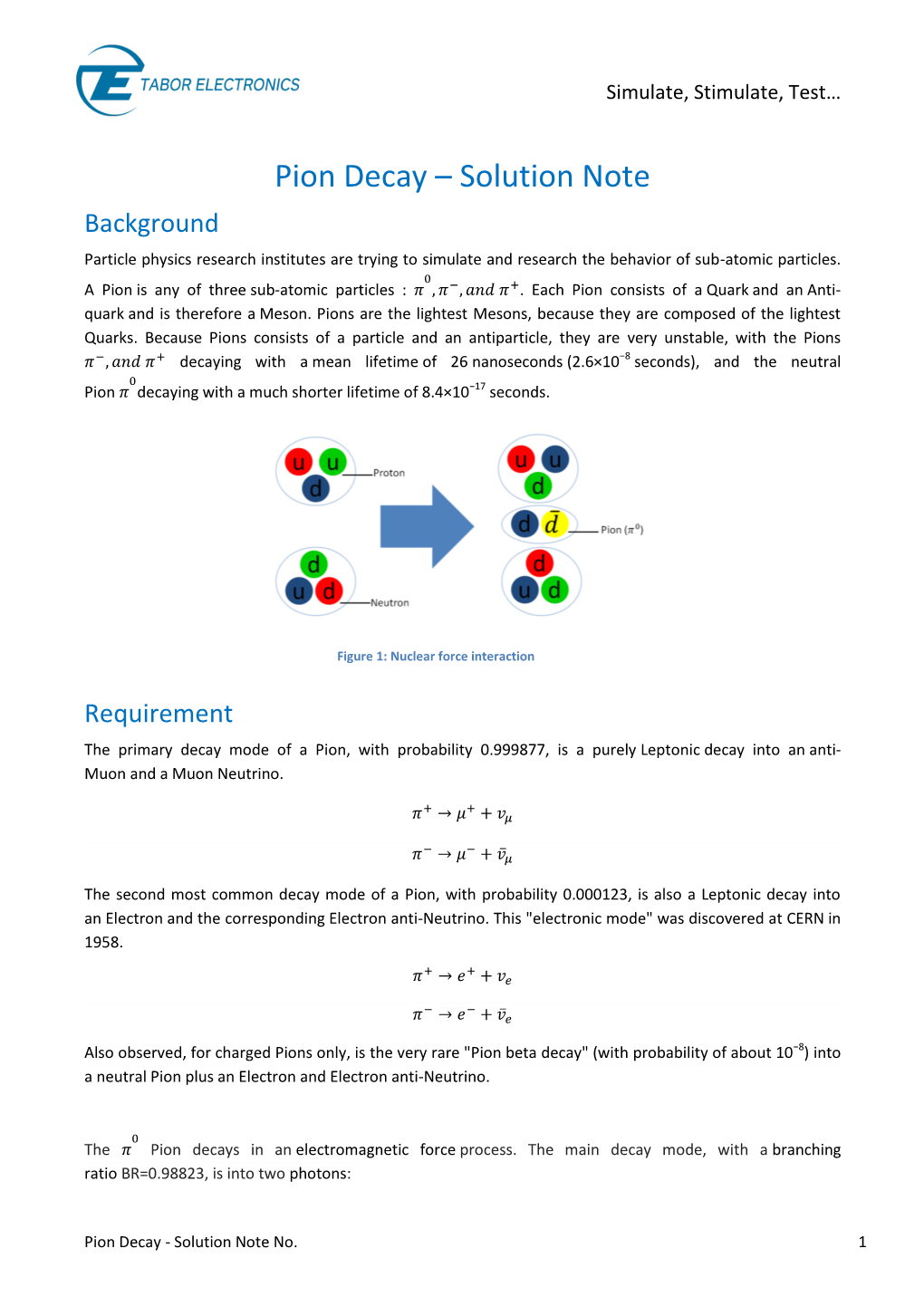 Pion Decay – Solution Note Background Particle Physics Research Institutes Are Trying to Simulate and Research the Behavior of Sub-Atomic Particles