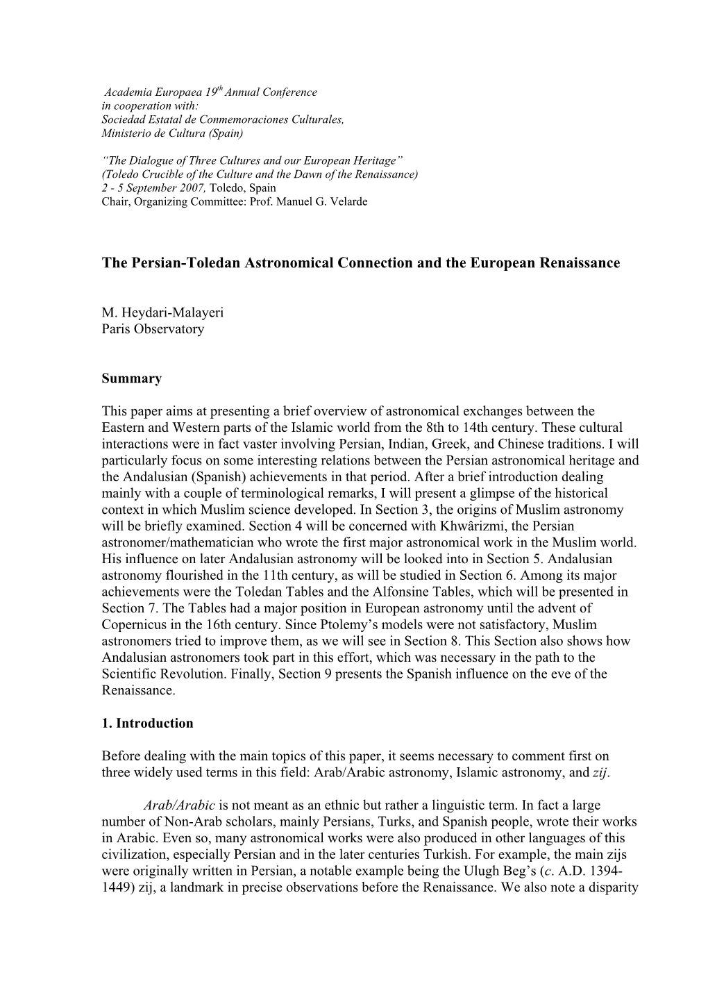 The Persian-Toledan Astronomical Connection and the European Renaissance