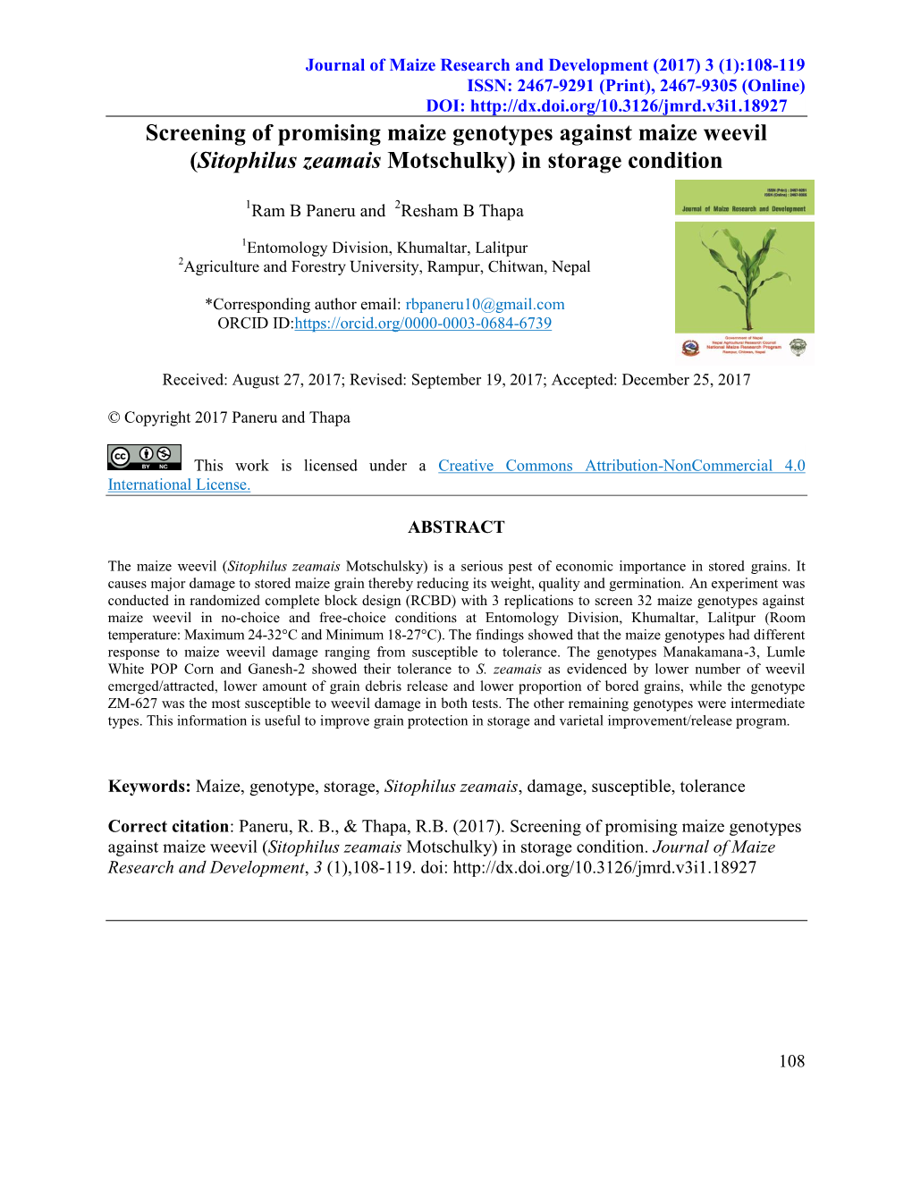 Screening of Promising Maize Genotypes Against Maize Weevil (Sitophilus Zeamais Motschulky) in Storage Condition