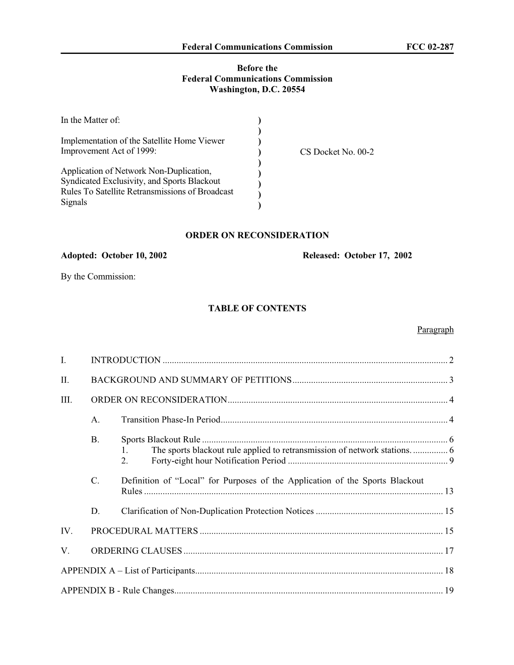 Federal Communications Commission FCC 02-287 Before the Federal