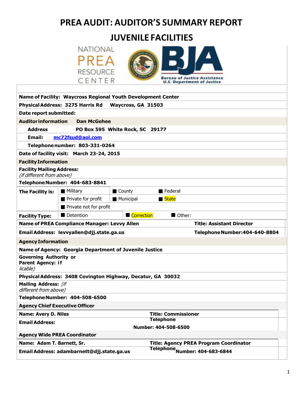 Prea Audit: Auditor’S Summary Report Juvenile Facilities