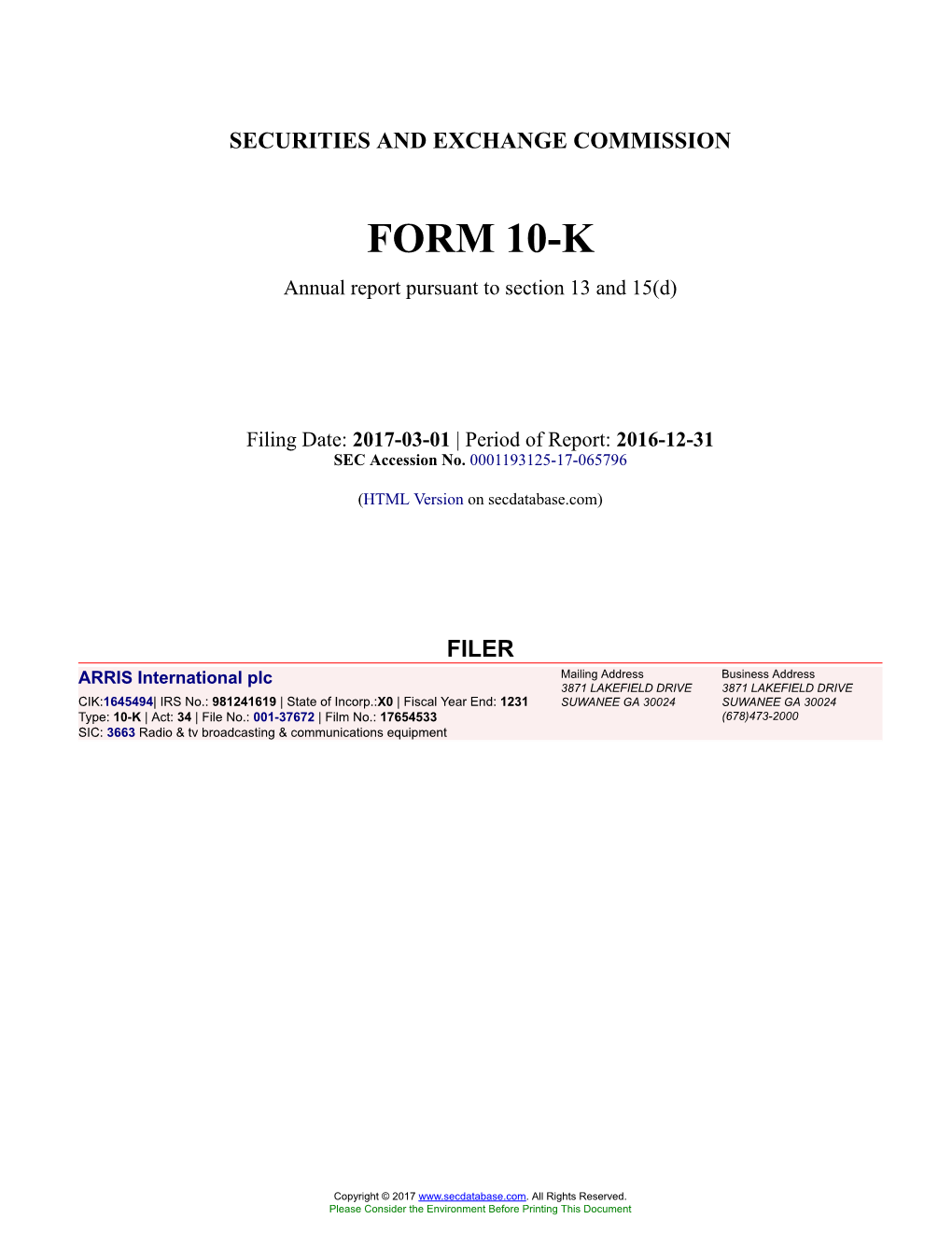 ARRIS International Plc Form 10-K Annual Report Filed 2017-03-01