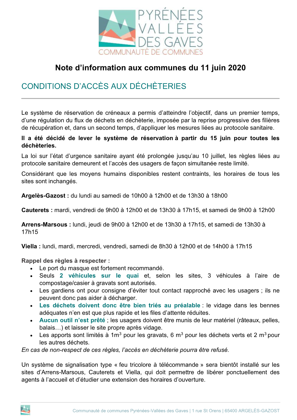 Note D'information Aux Communes Du 11 Juin 2020 CONDITIONS D